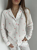 Тор! Жіноча Муслінова піжама COSY штани+сорочка, Серця рожеві на білому