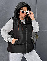 Жилетка женская безрукавка батал больших размеров дутая теплая жилет женский с капюшоном черная графит мокко