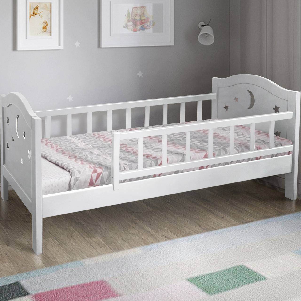Ліжко дитяче з двома бортиками безпеки з масиву сосни Тоскана, колір білий ТМ Мікс Мебель