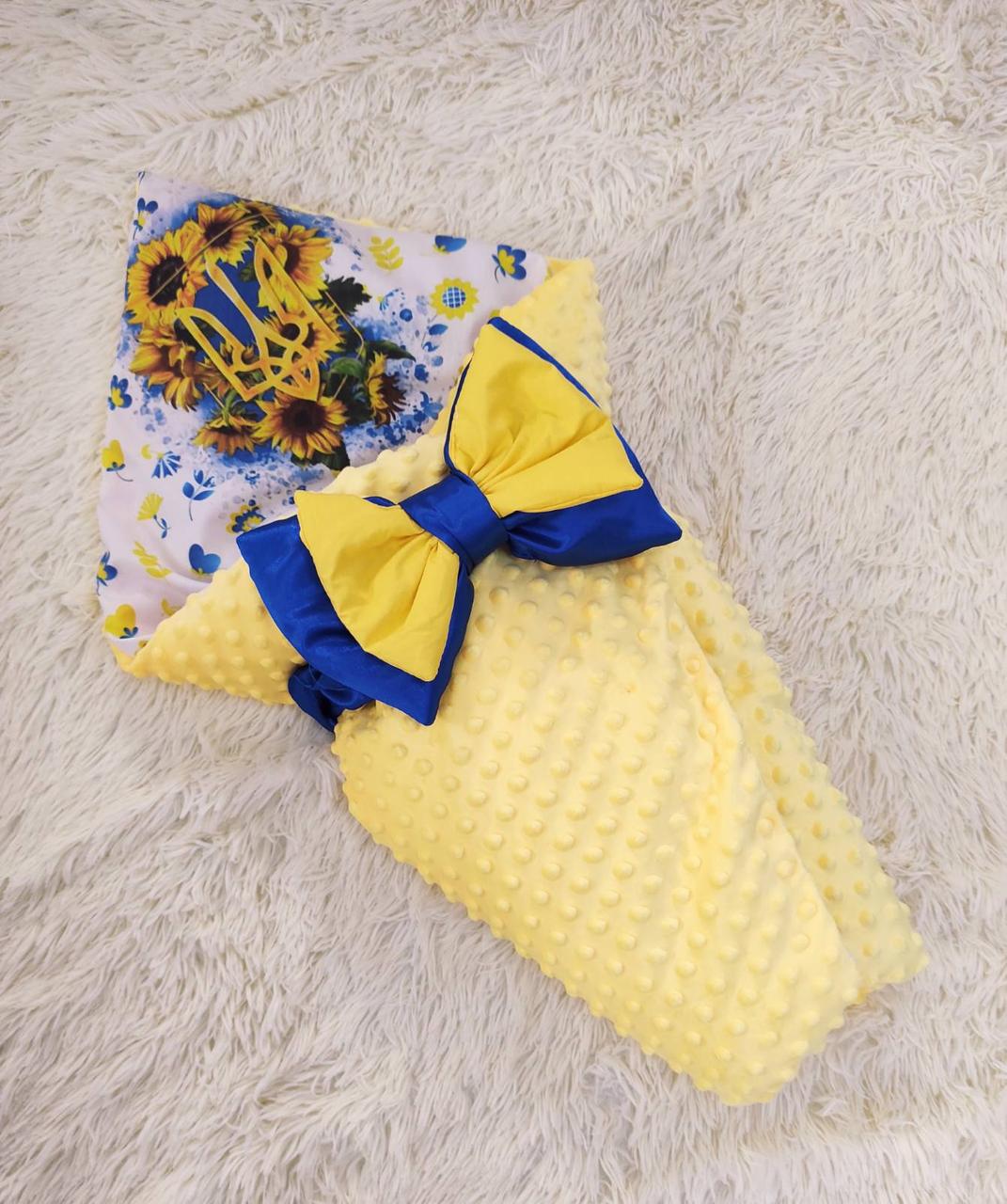 Літній конверт для немовлят на виписку, жовтий з патріотичним принтом, фото 1