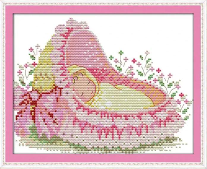 Набір для вишивання за нанесеною на канву схемою "The baby in the cradle". AIDA 14CT printed 27*21 см