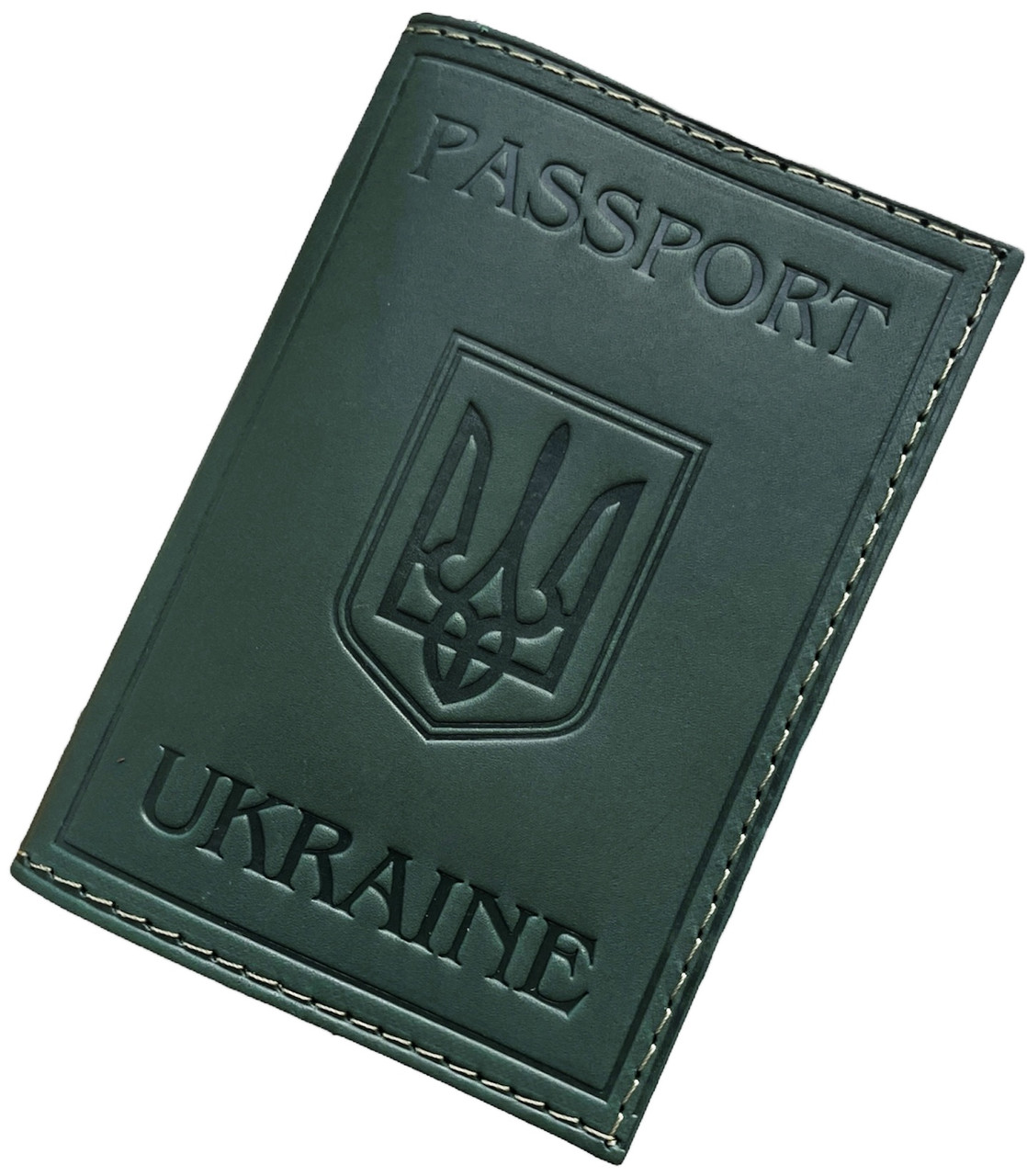Шкіряна обкладинка на загранпаспорт України колір зелений