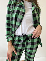 Топ! Домашня жіноча піжама 3-я COSY у клітинку зелено/чорна (сорочка + штани + футболка)