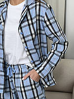 Топ! Женская пижама домашний костюм 3-я в клетку COSY (штаны+рубашка+футболка) голубая