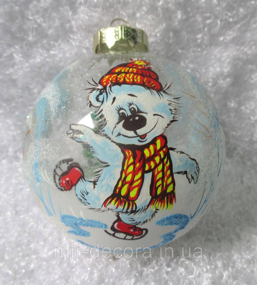 Куля новорічна 85 мм "Ведмедик на ковзанах", фото 1