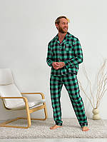 Топ! Пижама мужская COSY из фланели (брюки+рубашка) клетка зелено/черная