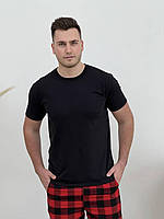 Топ! Пижама мужская COSY из фланели (брюки+рубашка+футболка черная) клетка красно/черная