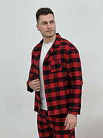 Топ! Пижама мужская COSY из фланели (брюки+рубашка+футболка белая) клетка красно/черная
