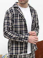 Топ! Пижама для мужчин COSY из фланели (штаны+футболка+рубашка) клетка темно-синяя/кремовая