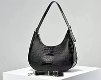 Женская стильная лаковая модная кожаная красивая сумка слинг на плечо бананка сумочка для девушки рептилия Черный