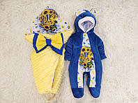 Демісезонний комплект для новонароджених хлопчиків, жовтий із синім, принт герб