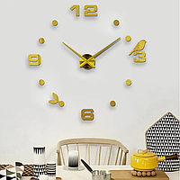 Настенные 3D часы Timelike Кварцевые круглые дизайнерские с эффектом 3Д 120 см "Птички" Золотистый (Птички