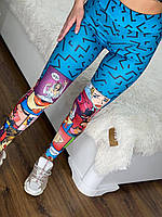 Жіночі лосини для спорту та фітнесу з широким поясом мікродайвінг колір блакитний принт комікси