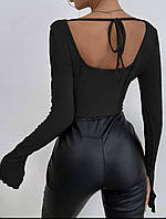 Женская стильная кофта рубчик с завязкой на спине с наружным швом (черный, джинсовый) размер: 42-44, 46-48