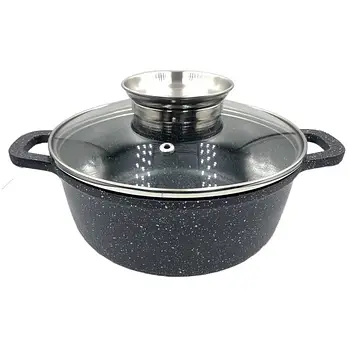Каструля-казан з мармуровим покриттям та кришкою 16см UNIQUE UN-5271 Каструля для кухні на 1.2 л Чорна