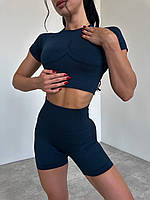 Спортивный женский костюм Hot для фитнеса, йоги, танцев с двойным пушап (кроп-топ, удлиненные шорты) - бирюза