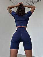 Спортивный женский костюм Hot для фитнеса, йоги, танцев с двойным пушап (кроп-топ, удлиненные шорты) - синий