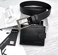 Мужской подарочный набор Calvin Klein (Ремень + Кошелек), мужской кожаный ремень, кожаный кошелек, портмоне.