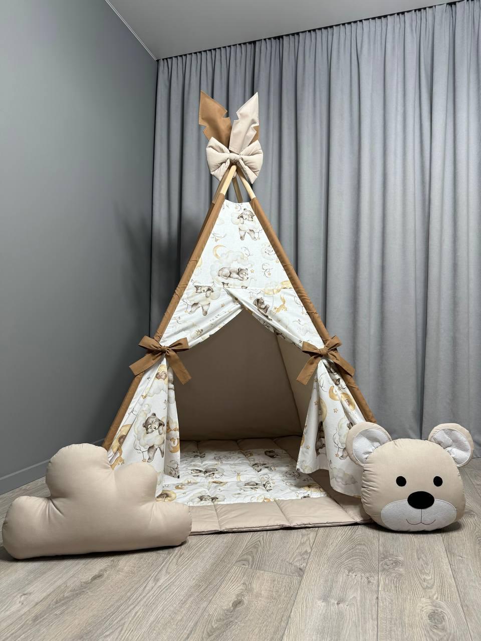 Вігвам для дітей Ведмежа на хмаринці Повний комплект, дитяча палатка, вігвам для дівчинки, вігвам для хлопчика, дитячий намет, фото 1