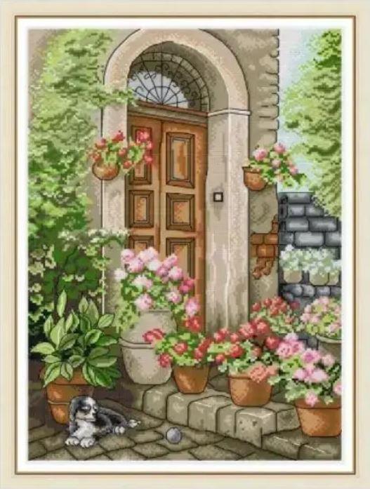 Набір для вишивання за нанесеною на канву схемою "The porch of summer flowers". AIDA 14CT printed 34*44 см, фото 1