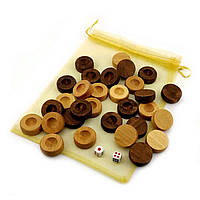 Фишки для нард с мешочком (д-28мм,выс-10мм) кубики в комплекте,цвет натуральное дерево и коричневые