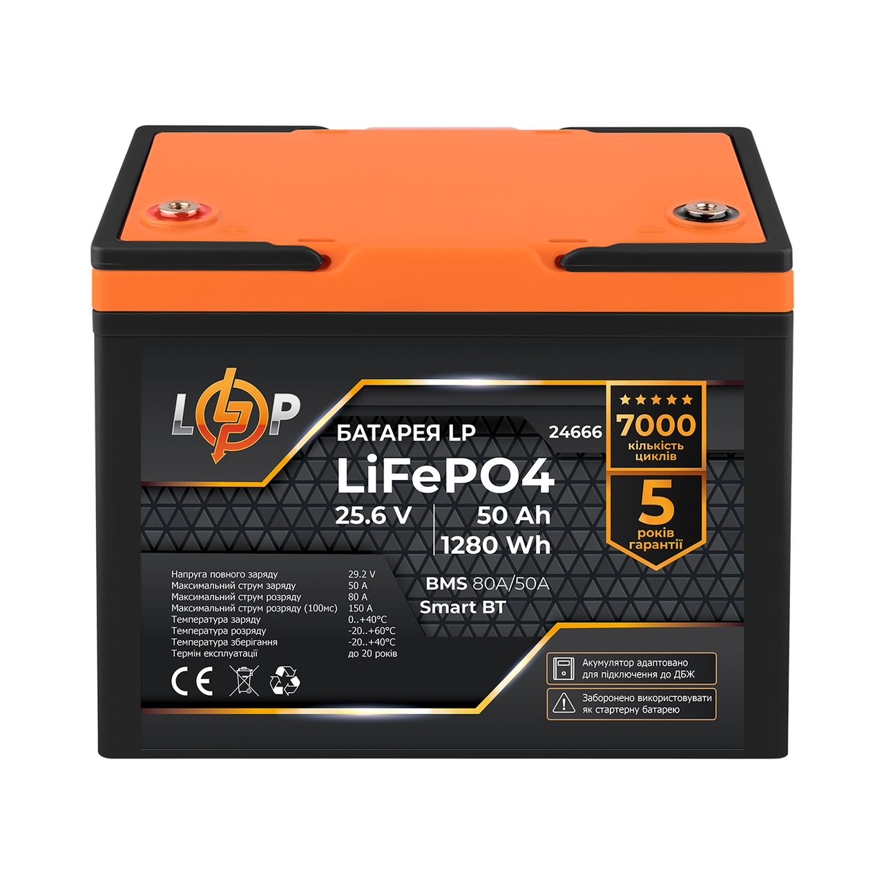 Аккумулятор LP LiFePO4 25,6V - 50 Ah (1280Wh) (BMS 80A/50А) пластик Smart BT - фото 1 - id-p2110445442