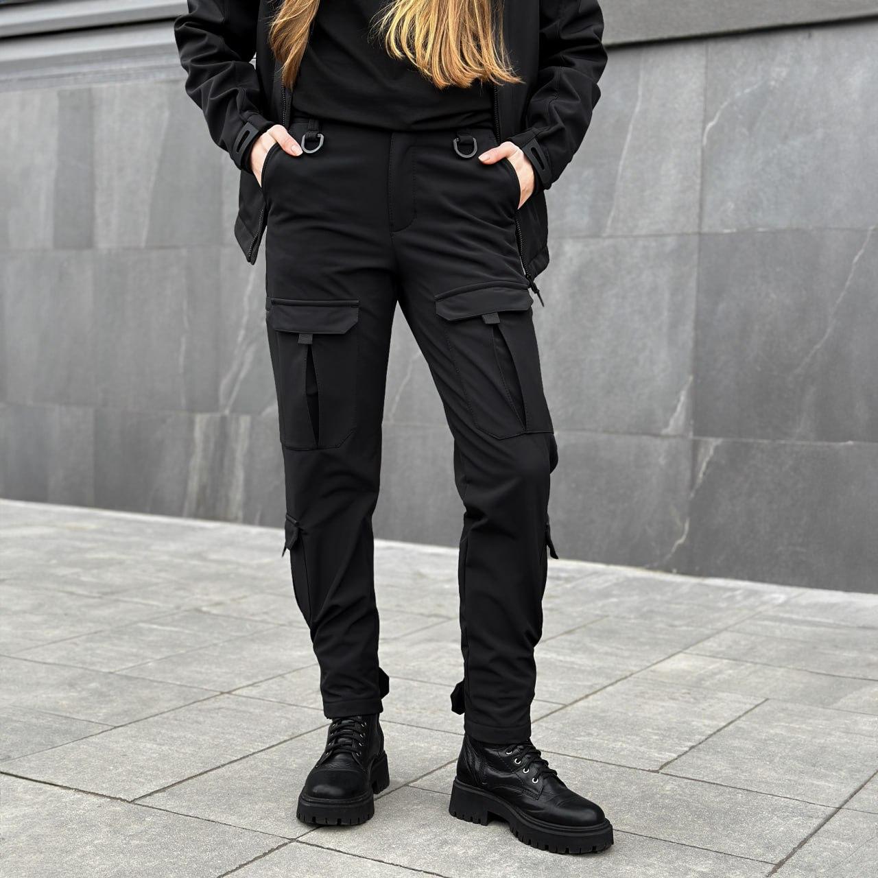 Жіночі штани карго softshell демісезонні на флісі hard чорні брюки тактичні софтшелл весняні осінні