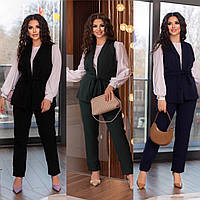 Жіночий костюм трійка жилет брюки блузка 50,52,54,56,58,60 синій, чорний, зелений