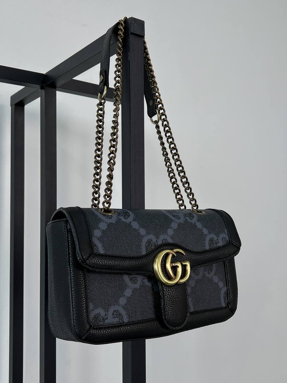 Жіноча сумка Gucci Large Marmont Brown Dark Blue (Чорна) Сумка Крос Боді-екошкіра текстиль на 1 відділення на ланцюжку принт Гуччі