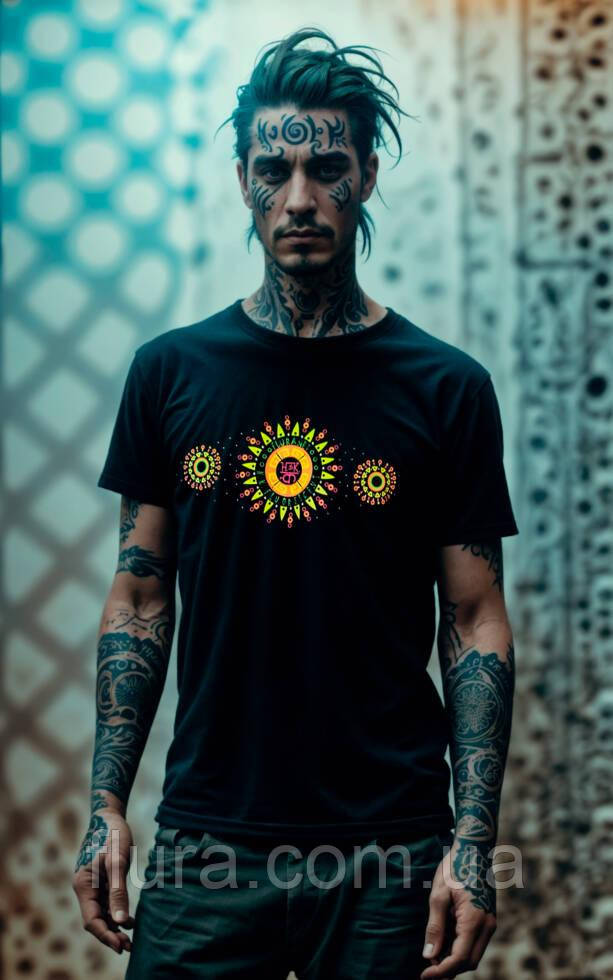 Футболка чоловіча молодіжна чорна з яскравим принтом авторська «ХОРОВОД» / Яскраві чоловічі футболки
