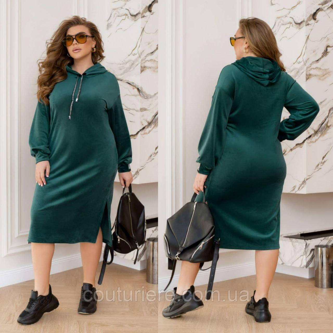 Модна велюрова сукня жіноча зелена ЮР/-2489