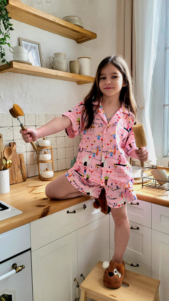 Дитяча шовкова стильна піжама шорти та сорочка на кнопках вільного крою