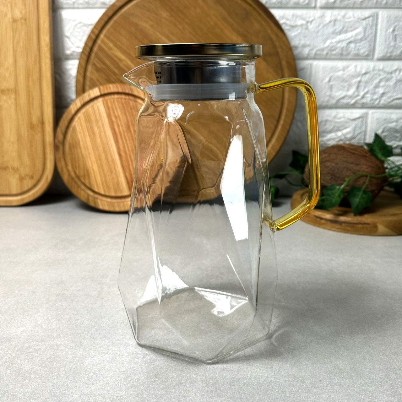 Скляний глечик 1.8 л із золотистою кришкою Zambiri, фото 1