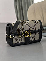 Женская сумка Gucci Large Marmont Black Beige (Черная) Кроссбоди эко кожа текстиль на цепочке Гуччи