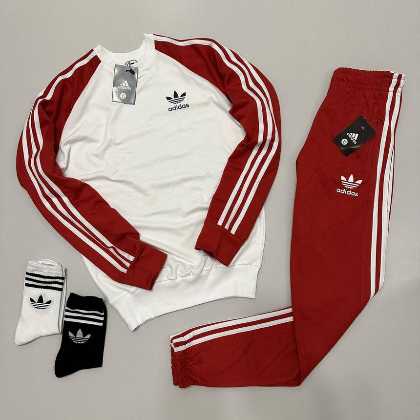 Мужской спортивный костюм Adidas для прогулок весенний стильный молодежный костюм с лампасами красно-белый, фото 1