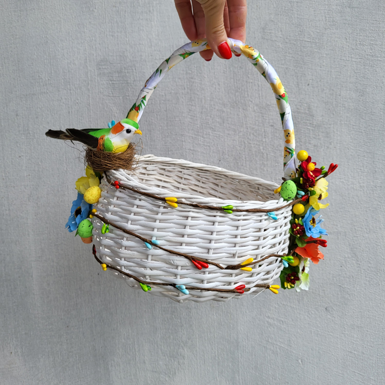Дитячий пасхальний кошик з пташкою в гнізді та квітами для дівчаток та хлопчиків, фото 1