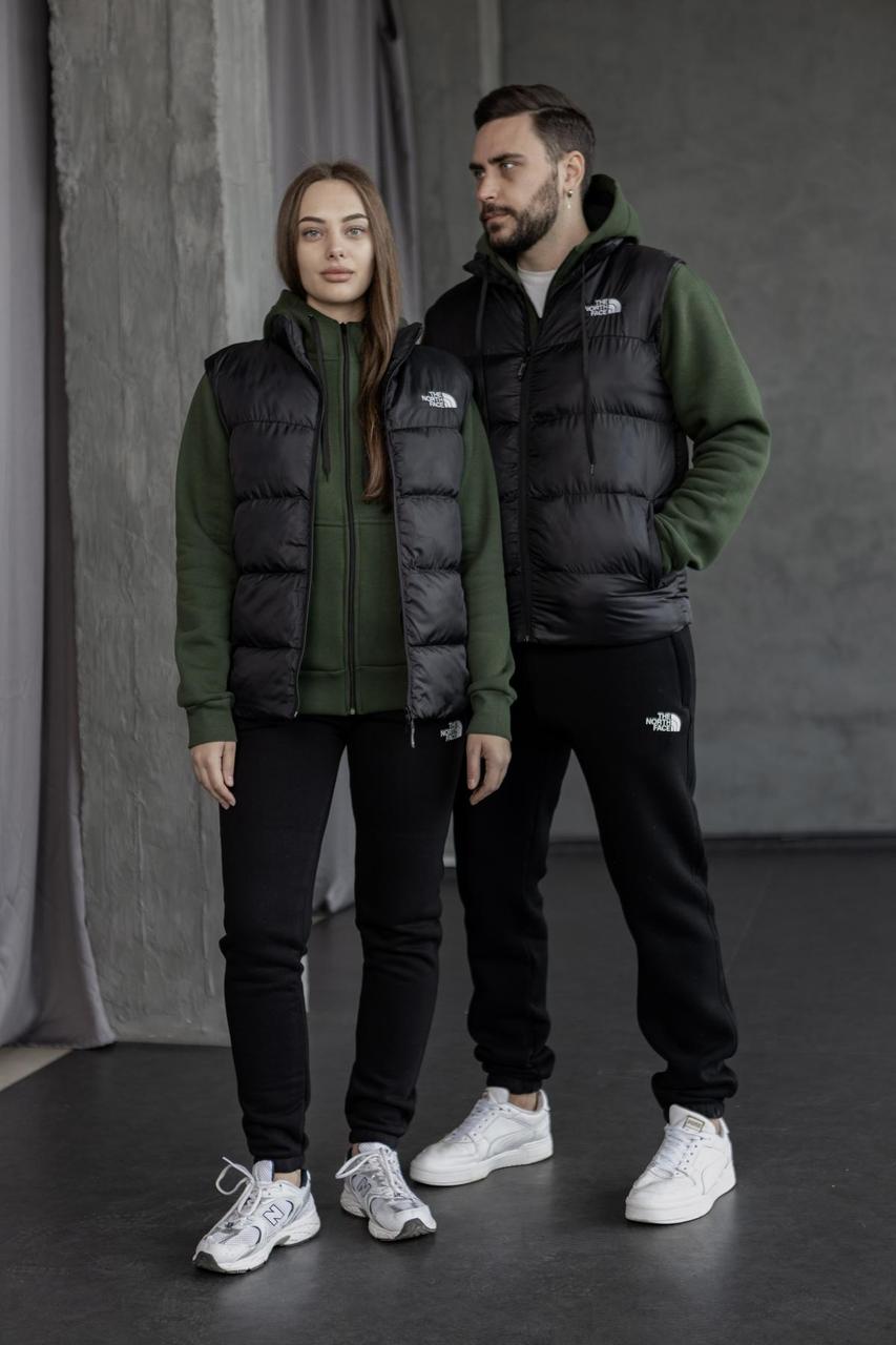 Зимовий чоловічий спортивний костюм із жилеткою THE NORTH FACE комплект зип-худі штани жилетка кольору хакі