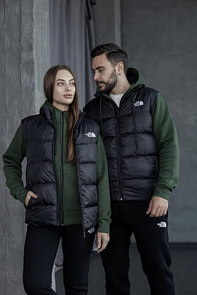 Зимовий чоловічий спортивний костюм із жилеткою THE NORTH FACE комплект зип-худі штани жилетка кольору хакі, фото 4