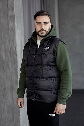 Зимовий чоловічий спортивний костюм із жилеткою THE NORTH FACE комплект зип-худі штани жилетка кольору хакі, фото 5