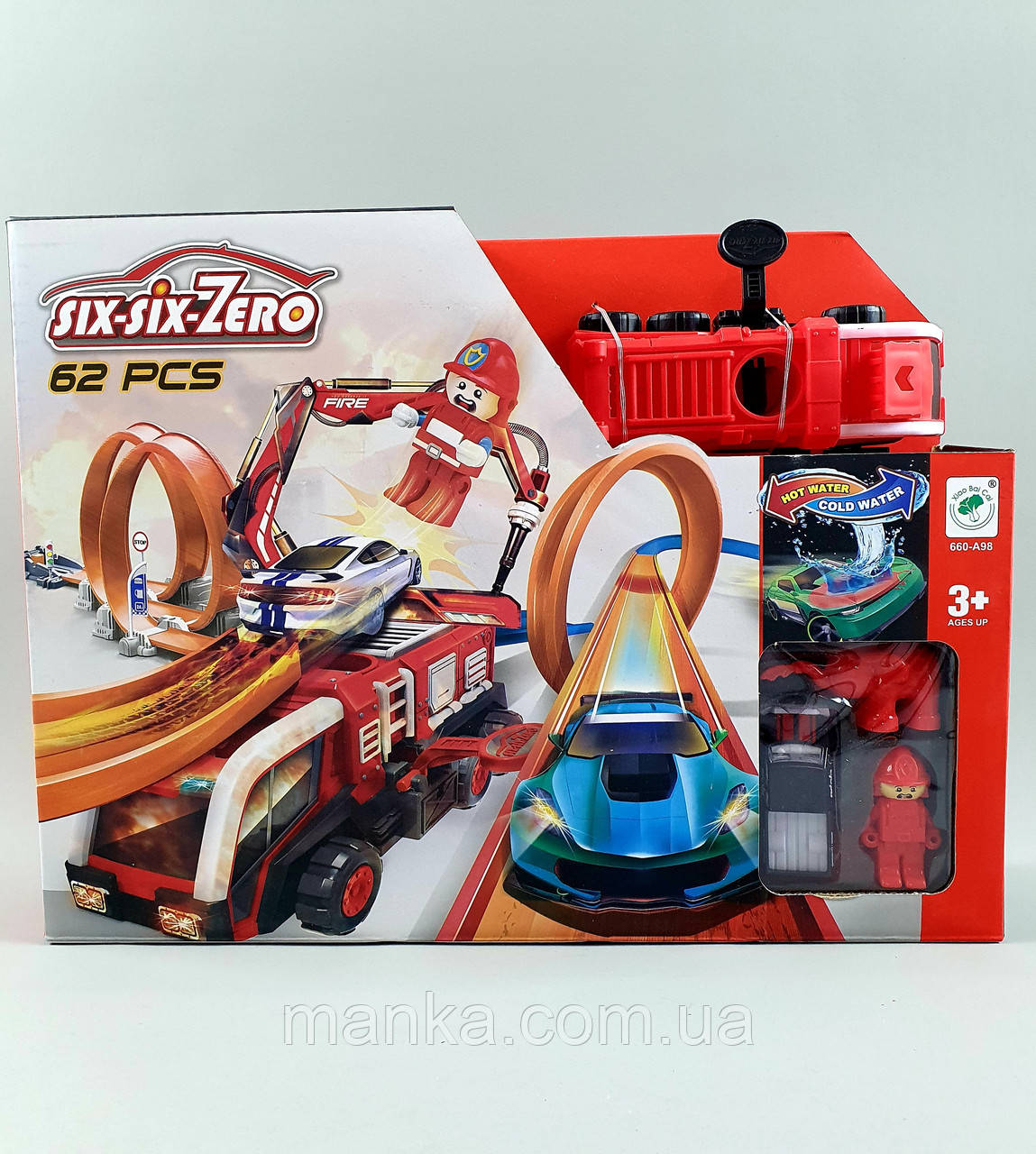 Трек 660 A 98 металопластикова машинка, фігурка героя, наліпки, запускач, перешкоди для трюків, в короб, фото 1