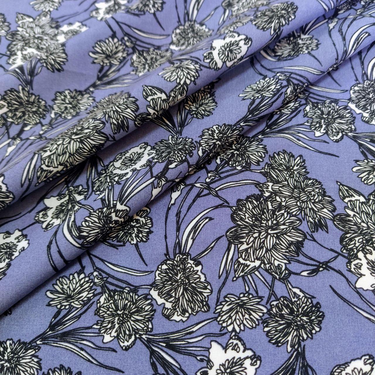 Штапель принт квіти на бузковому, фото 1