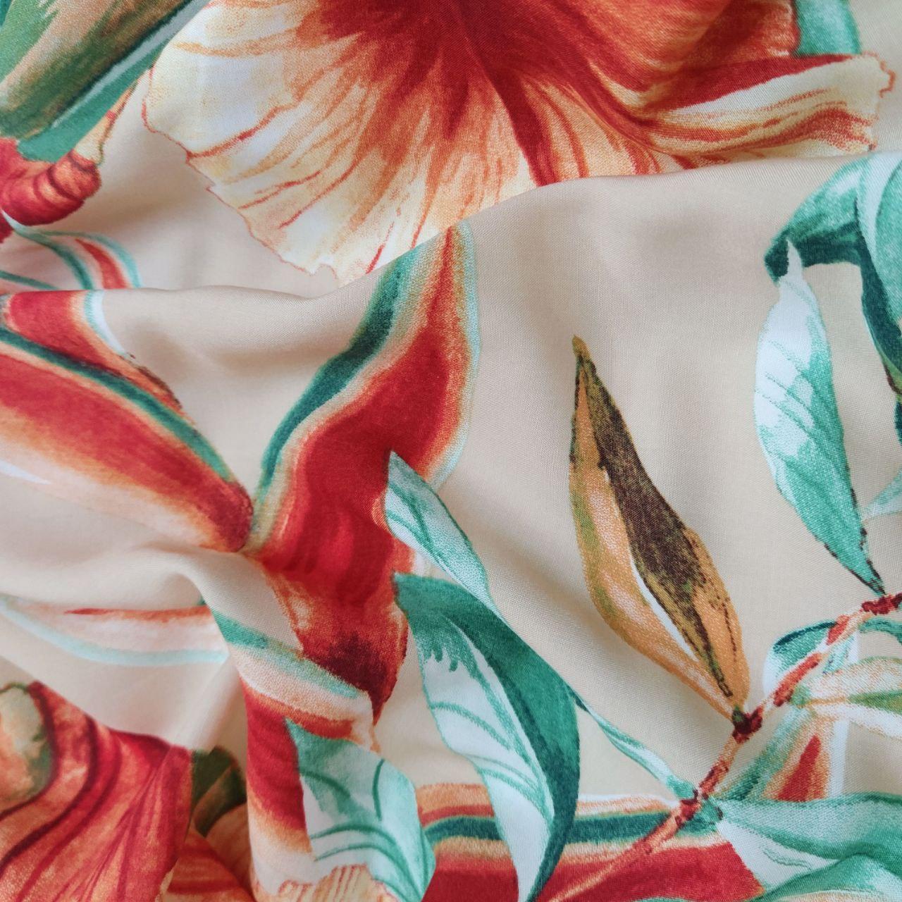 Штапель принт тропічні квіти на бежевому, фото 1