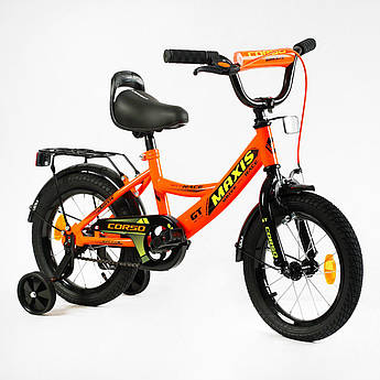 Дитячий велосипед Corso Maxis 14" крила, бічні колеса, дзвіночок, багажник, ручне гальмо, сталева рама
