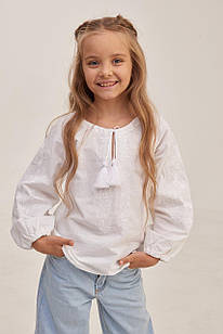 Сорочка для дівчинки "Фіалка" з білою вишивкою, дитяча біла блузка-вишиванка