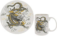 Фарфоровый чайный набор Золотой дракон на белом кружка 500 мл тарелка 20 см DP219166 BonaDi LD, код: 8390164