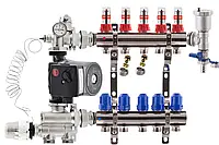 Коллектор для теплого пола Kp-czech в сборе с насосом на 5 контуров |нижнее подключение|