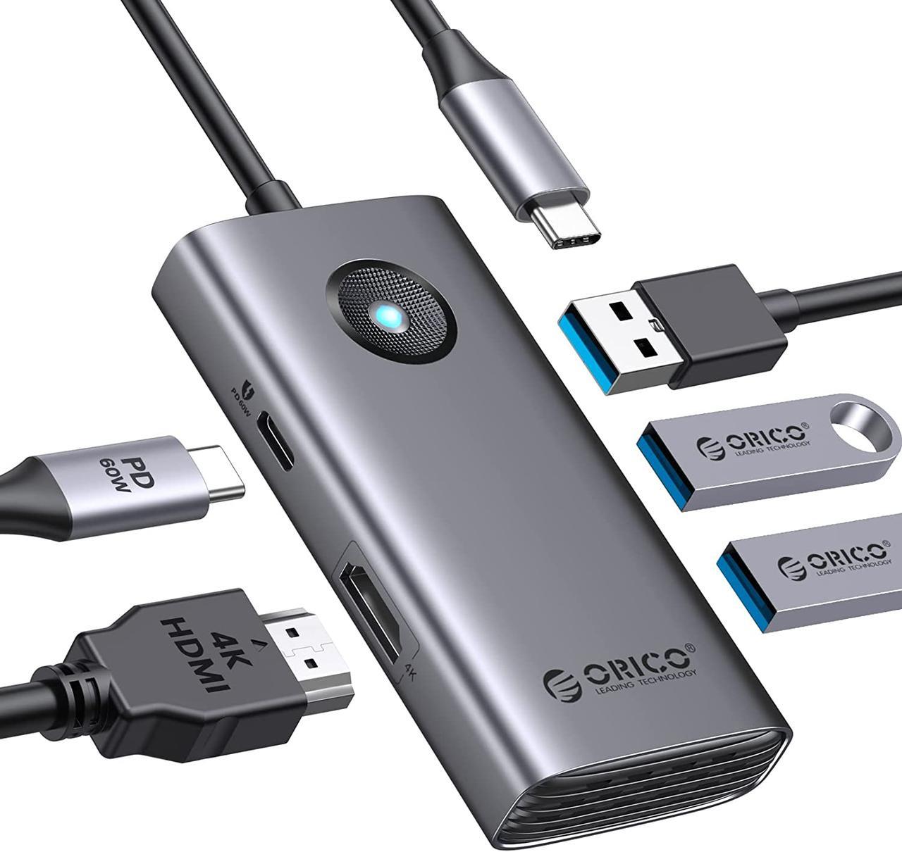 USB-концентратор Orico USB хаб з 5 портами Type-C PD60W, HDMI 4K 30 Гц, USB Gray (ORICO-PW11-5P-GY-EP)