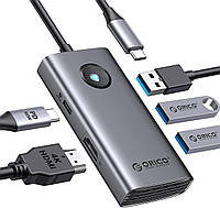 USB-концентратор Orico USB хаб с 5 портами Type-C PD60W, HDMI 4K 30 Гц, USB Gray (ORICO-PW11-5P-GY-EP)