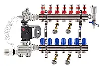 Коллектор для теплого пола Kp-czech в сборе с насосом на 7 контуров |нижнее подключение|