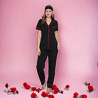 Женская пижама рубашка и штаны повязка на глаза, черная р 46-48 100 % хлопок, Турция
